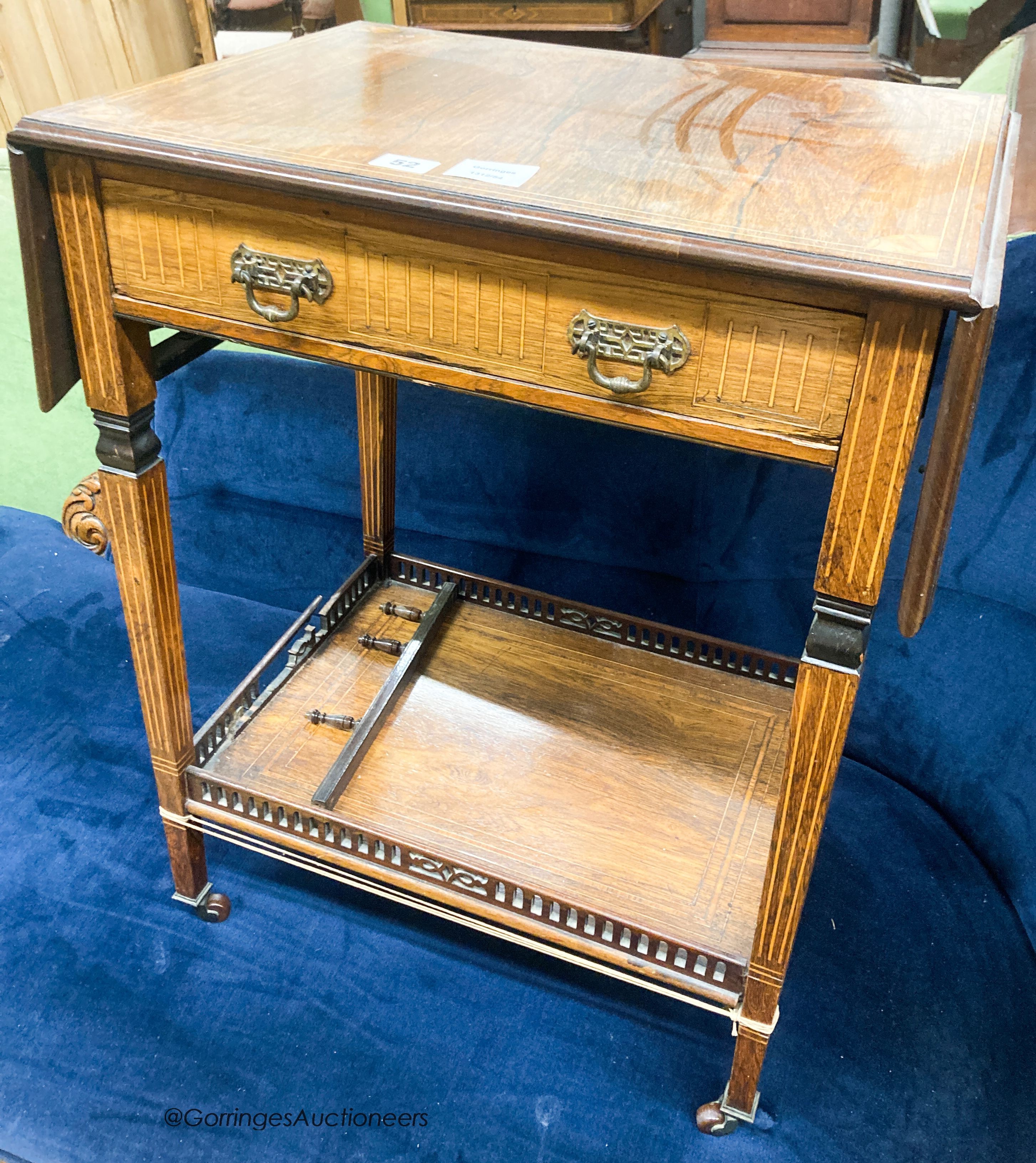 A late Victorian inlaid rosewood drop flap occasional table, extended 85cm D.39cm H.67cm